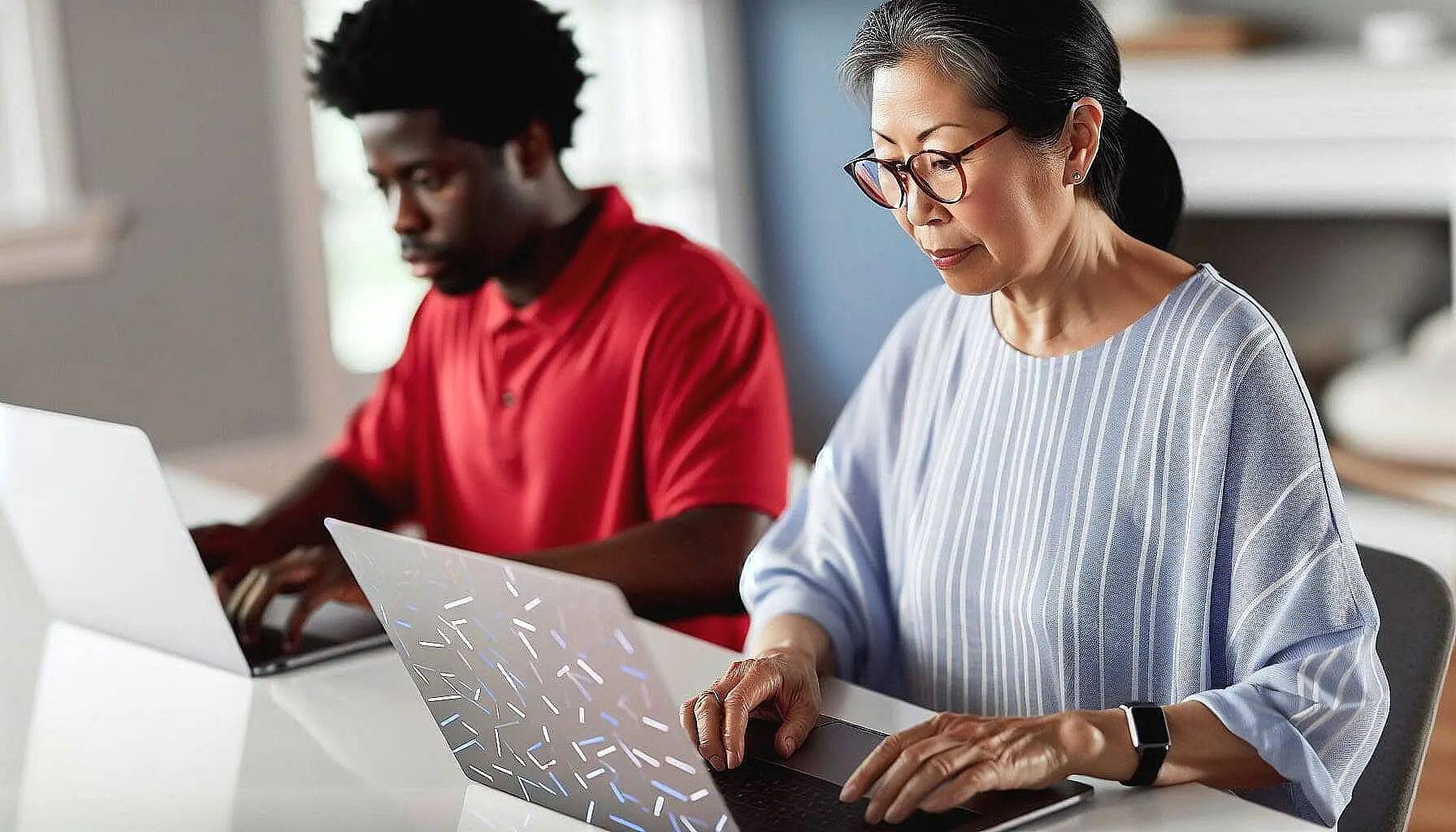 Two people seated at a table, utilizing laptops. The woman in the foreground, wearing affordable braces, has short grey hair and glasses with a blue top. The man in the background sports short dark hair and a red shirt in Suwanee or Tucker, GA