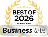 Best of 2026 Award Winner BusinessRate Gold laurel wreath with black and gold text: “Best of 2026 Award Winner BusinessRate NK Orthodontics in Suwanee or Tucker, GA” on a white background.